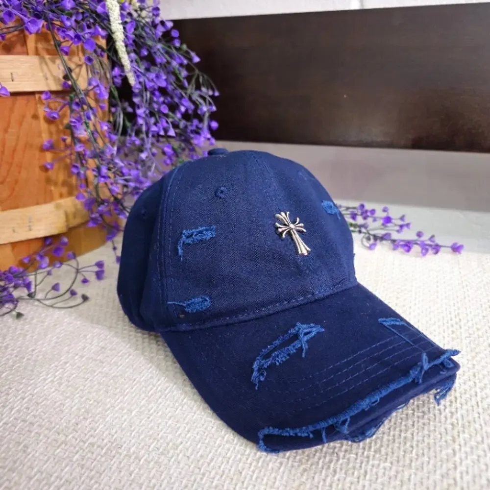Gothic Cross Charm Distressed Denim Dad Hat Navy Blue OS Like New